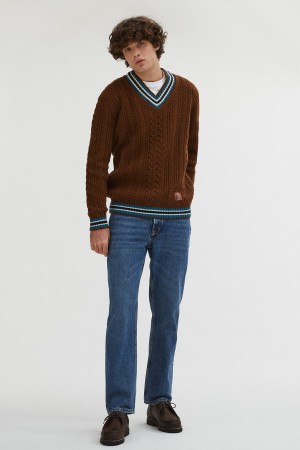 Chandails Baracuta Premium Cable V Neck Marron | SLCHVO-760